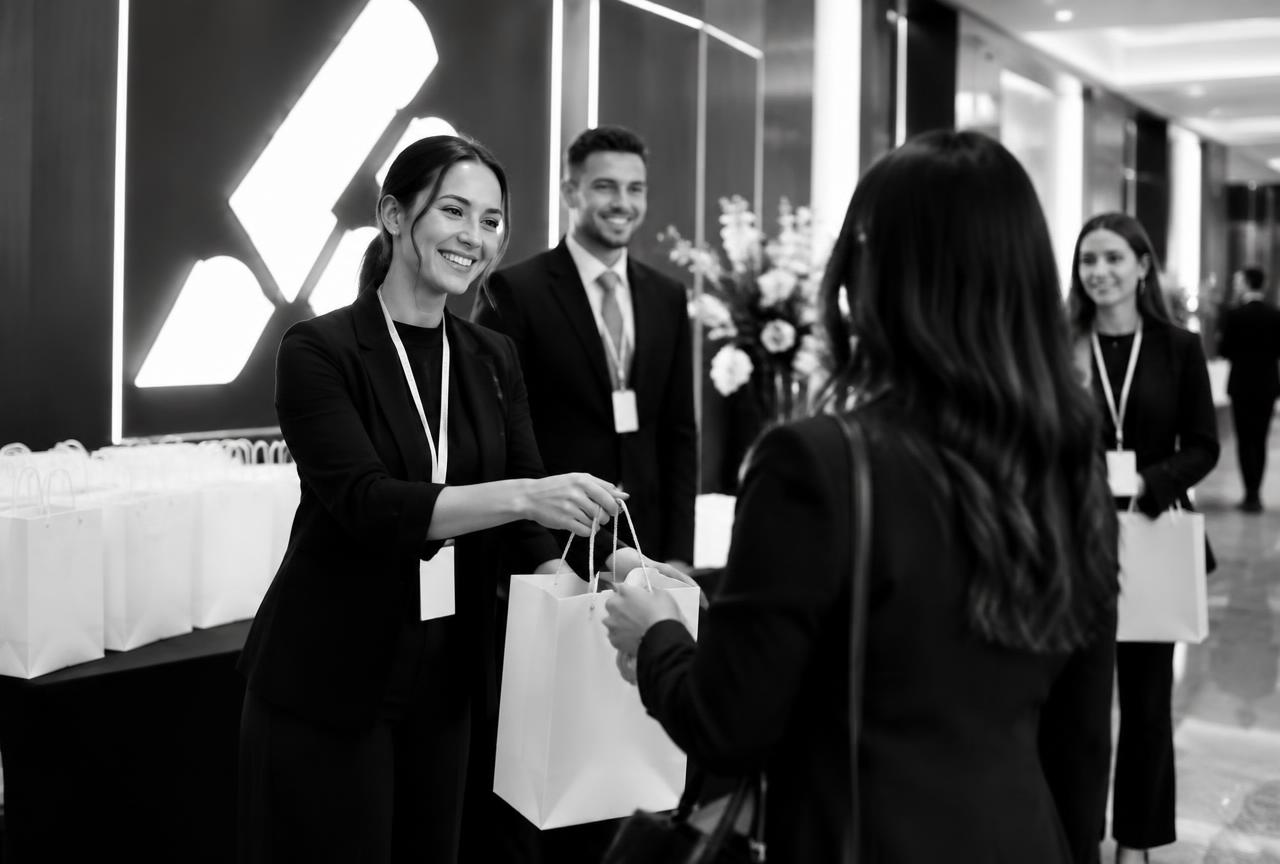 Branded arrival experience with hosts welcoming guests