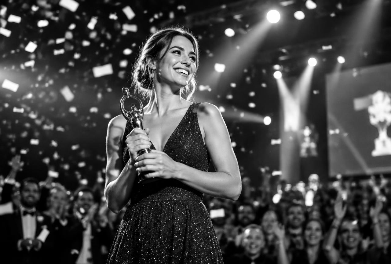 Award recognition moment on stage with confetti
